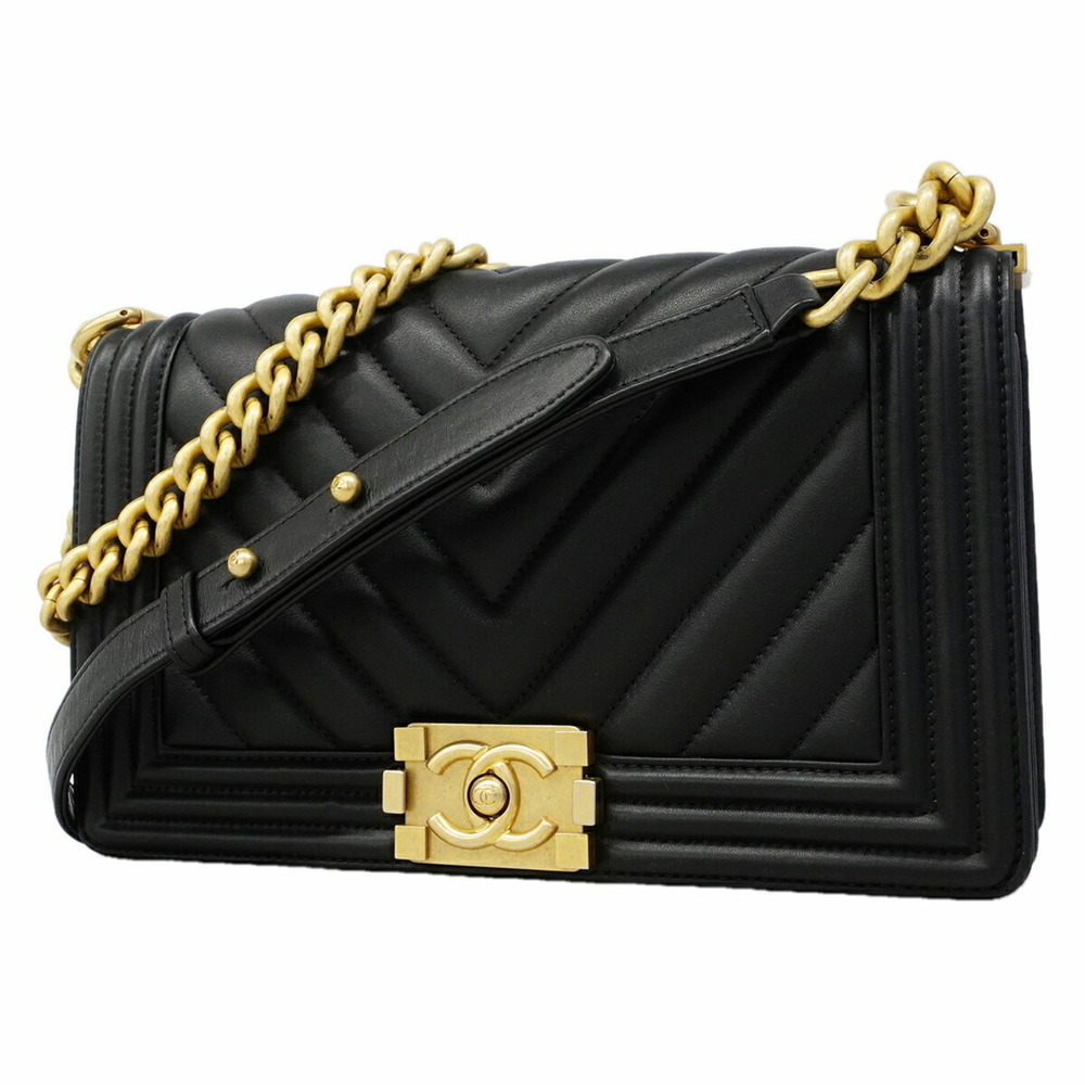 Chanel Boy Shoulder Bag, V-stitch Chain Lambskin, Black, Women's